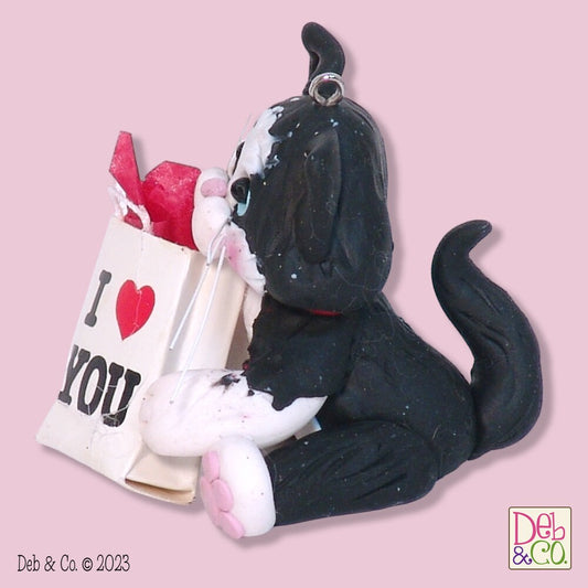 Tuxedo KITTY CAT  with Valentine Gift Bag Handmade Polymer Clay Valentine Decor