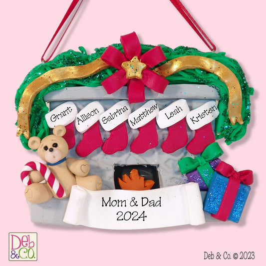 Family of 6 Fireplace w/Bear Grandparents Ornament,  Ornament with 6 Grandkids, HANDMADE POLYMER CLAY,  Personalized  Ornament