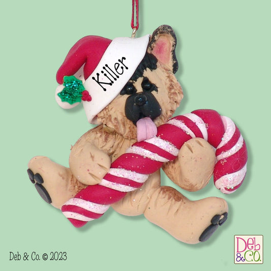 German Shepherd Puppy Dog with Candy Cane HANDMADE Polymer Clay Personalized Christmas Ornament, Custom Ornaments