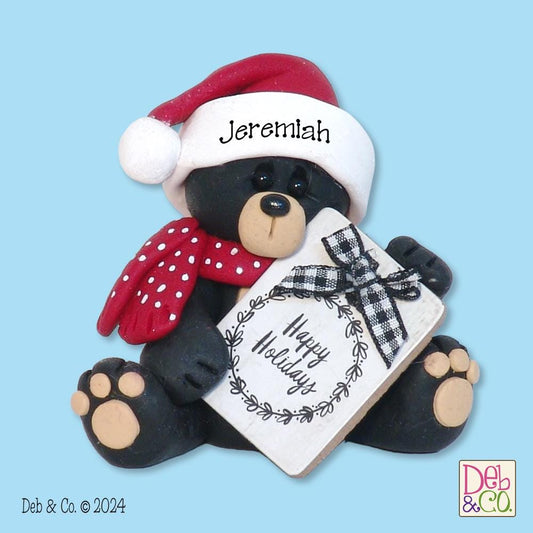 Personalized black bear with Santa Hat & Sign Figurine Handmade POLYMER CLAY
