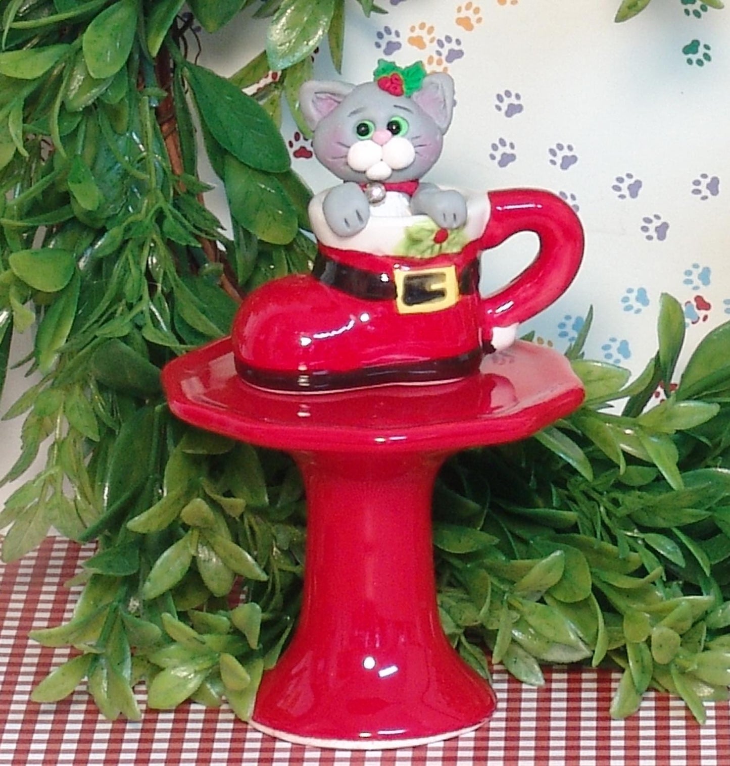 Gray Kitty Cat in Mini ceramic Boot Cup HANDMADE POLYMER CLAY  Christmas Figurine Decoration