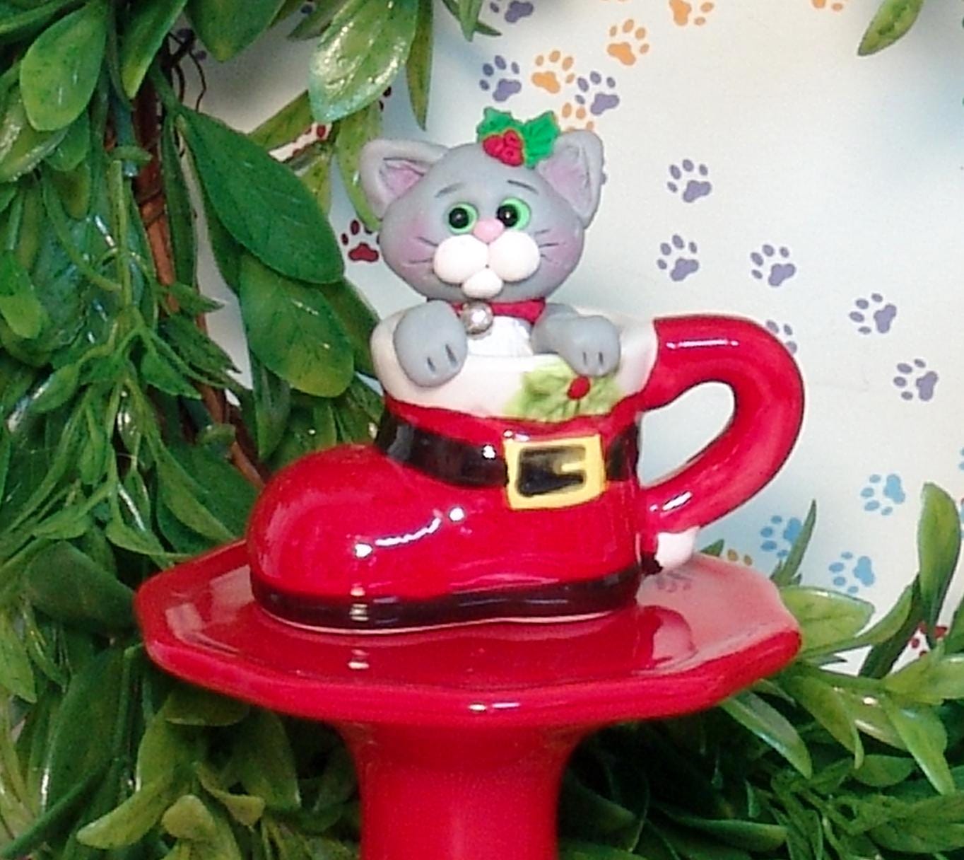 Gray Kitty Cat in Mini ceramic Boot Cup HANDMADE POLYMER CLAY  Christmas Figurine Decoration