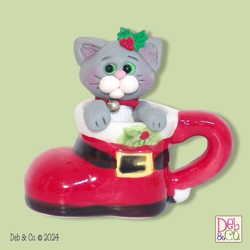 Gray Kitty Cat in Mini ceramic Boot Cup HANDMADE POLYMER CLAY  Christmas Figurine Decoration