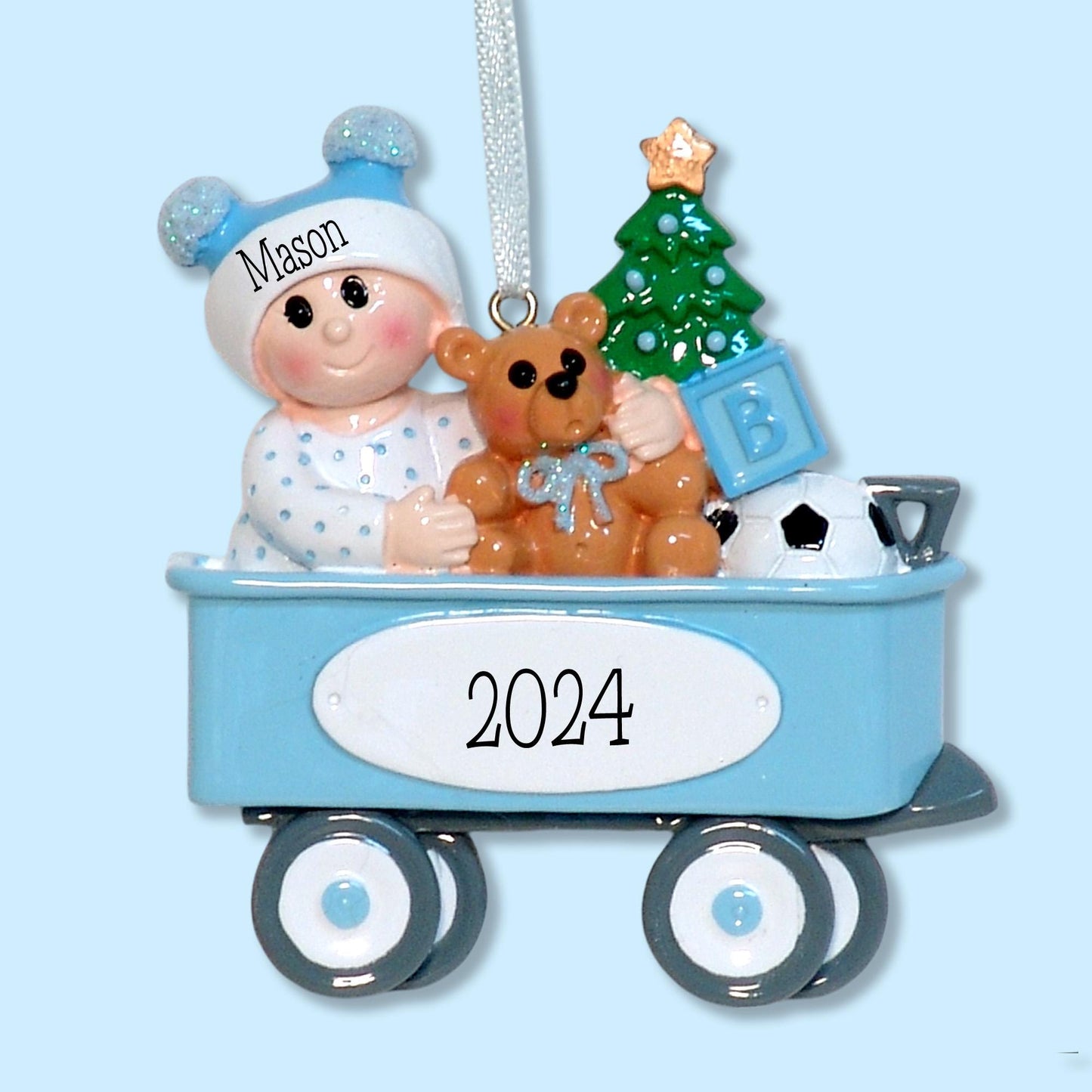Little Baby Boy in Blue Wagon with Christmas Toys Personalized Christmas Ornament