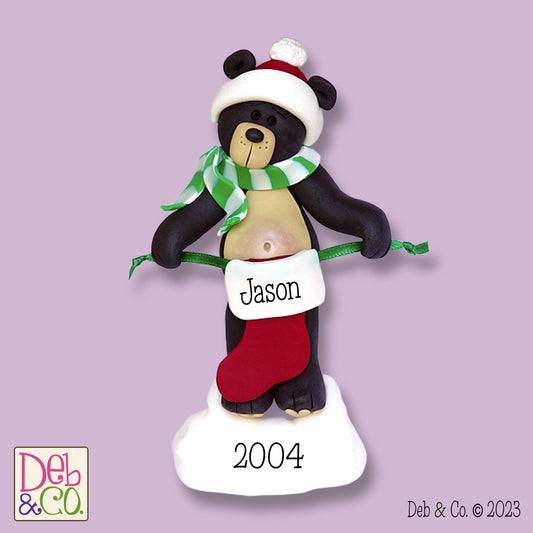 Black Bear w/1 Stockings - Single Parent, 1 Kids, 1 Grandkid Ornament - HANDMADE POLYMER CLAY Personalized Christmas Ornament