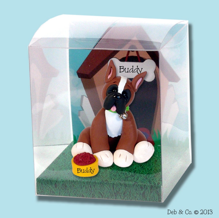 BUDDY the BOXER w/White Muzzle / Dog / Puppy / Handmade Polymer Clay Personalized Christmas Ornament