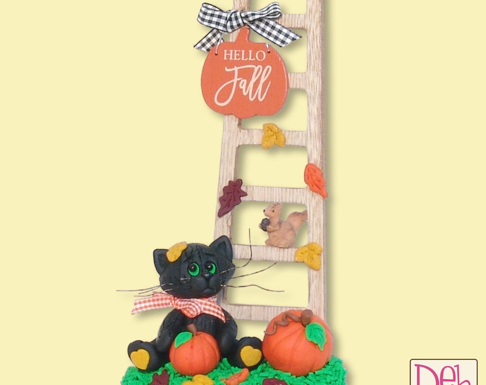 Spooky's "Hello Fall" - Black Cat with Pumpkins and Wooden Ladder