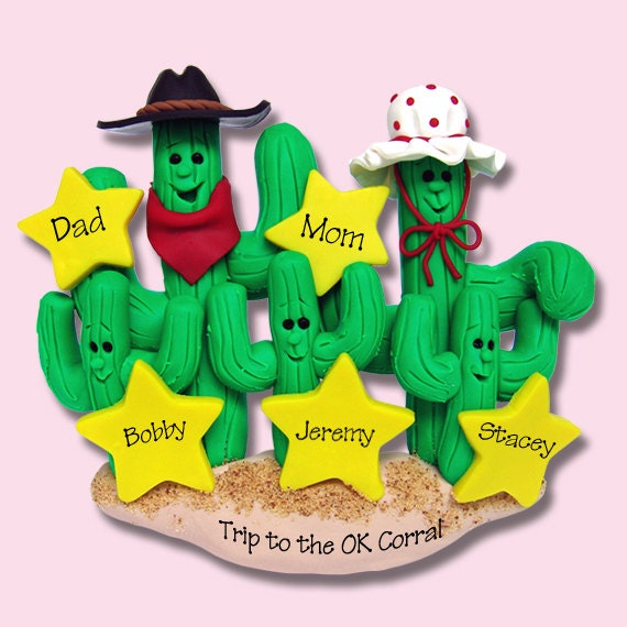 Cactus Family of 5 HANDMADE Polymer Clay Personalized Christmas Ornament - Western