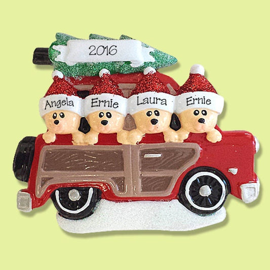 Belly Bear Family of 4 in Woody Wagon Hand Painted RESIN Personalized Christmas Ornament