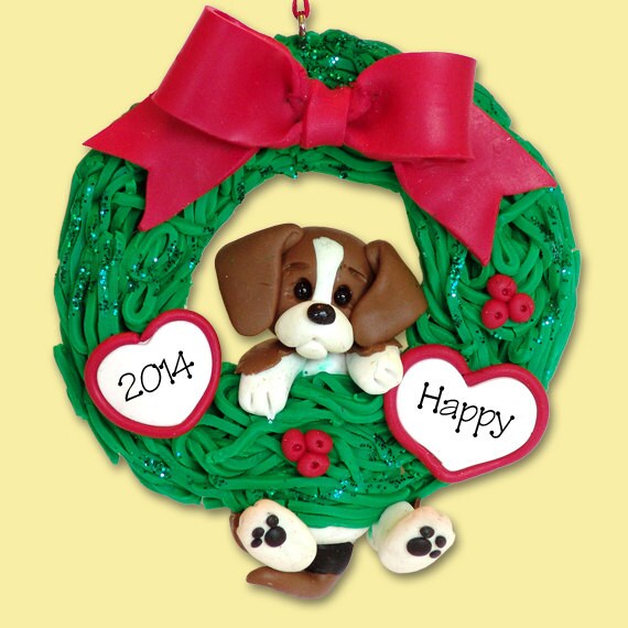 Beagle Puppy Dog Ornament in Wreath Handmade Polymer Clay - Personalized Christmas Ornament - Limited Edition