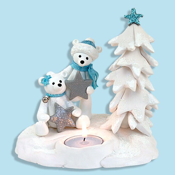 Polymer Clay Handmade Polar Bear Couple Tea Light / Candle