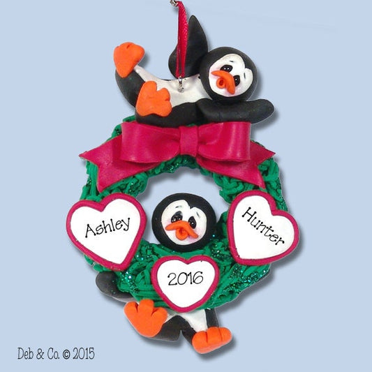 Petey Penguin Couple - Limited Edition - Hand Made POLYMER CLAY Personalized Couples Christmas Ornament