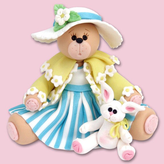 PERSONALIZED EASTER Belly Bear Girl w/Rabbit Figurine Handmade Polymer Clay