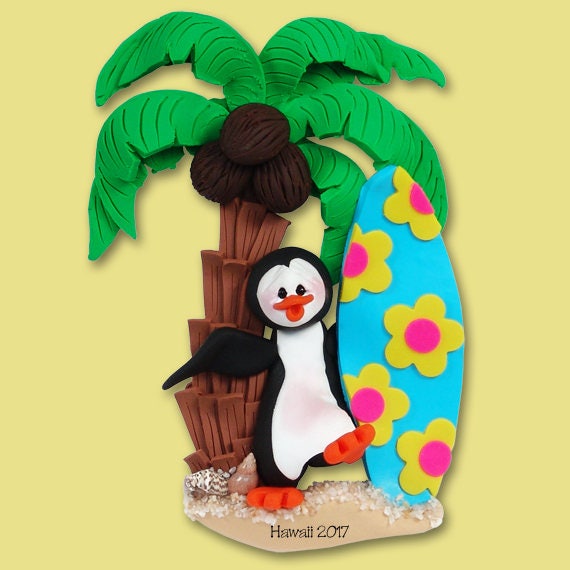 PETEY PENGUIN w/ Surfboard Personalized Vacation Ornament Handmade Polymer Clay - in Custom Gift Box