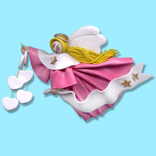 Pink Angel - Blonde Hair with 6 Hearts - Handmade Polymer Clay Personalized Christmas Ornament - ON SALE!