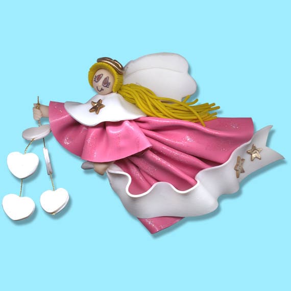 Pink Angel - Blonde Hair with 5 Hearts - Handmade Polymer Clay Personalized Christmas Ornament - ON SALE!