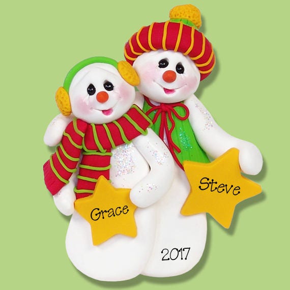 Snowman Couple with Stars Handmade Polymer Clay Personalized Couples Ornament - Limited Edition