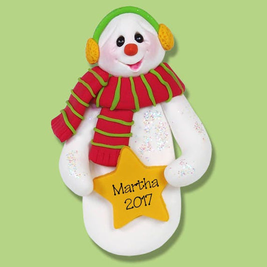 Snowman with Star Handmade Polymer Clay Personalized Ornament - Limited Edition