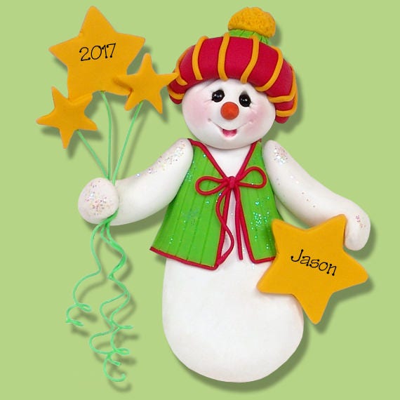 Snowman with Stars Handmade Polymer Clay Personalized Christmas Ornament