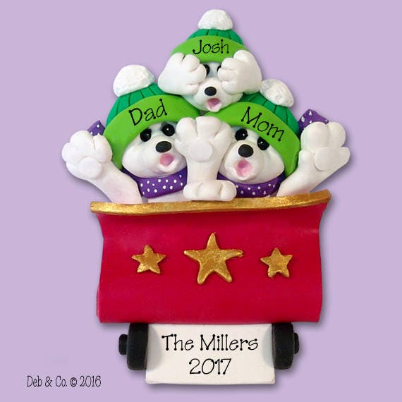 Polar Bear Family of 3 in Roller Coaster HANDMADE Polymer Clay Ornament - Personalized Christmas Ornament - Limited Edition