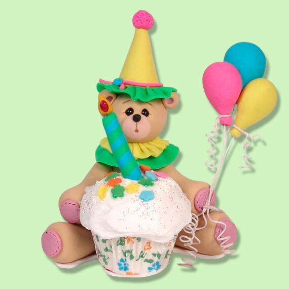 HANDMADE Polymer Clay BIRTHDAY BEAR Figurine in Custom Decorated Gift Box - Cake Topper - Limited Edition