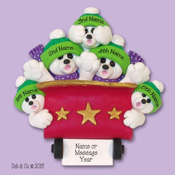 Polar Bear Family of 5 in Roller Coaster HANDMADE Polymer Clay Ornament - Personalized Christmas Ornament - Limited Edition