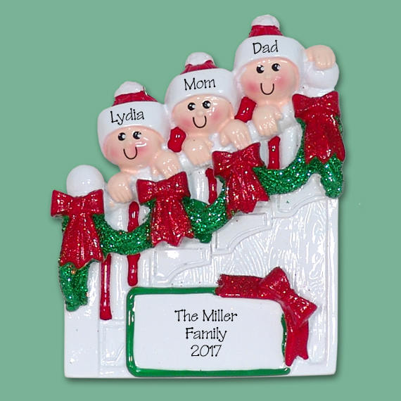 Personalized Christmas Ornament Staircase Family of 3  -  HAND PAINTED RESIN - Family Ornament
