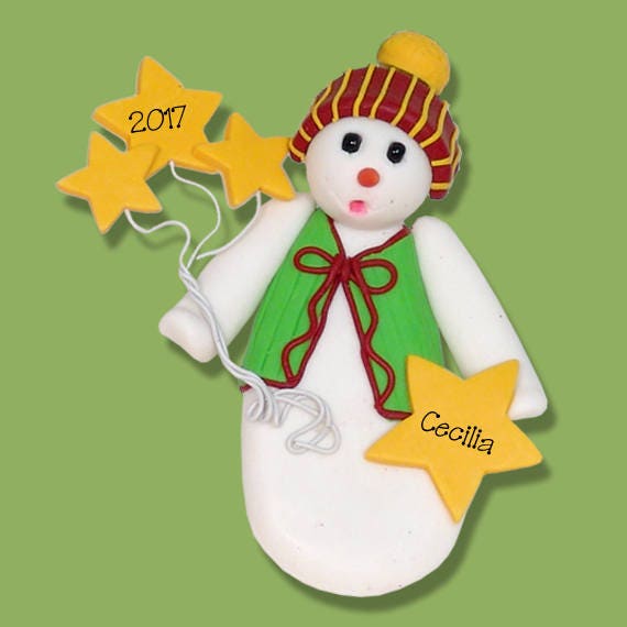 Snowman with Stars Handmade Polymer Clay Personalized Christmas Ornament - SALE!