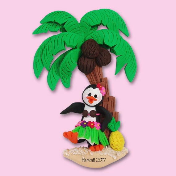 POLLY PENGUIN w/ Hula Skirt Personalized Vacation Ornament Handmade Polymer Clay Ornament - Limited Edition