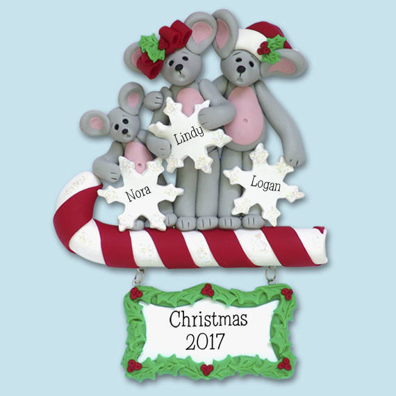 Merry Mouse Family of 3 HANDMADE Polymer Clay Personalized Christmas Ornament