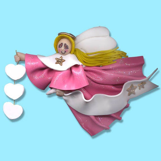 Pink Angel - Blonde Hair with 3 Hearts - Handmade Polymer Clay Personalized Christmas Ornament - ON SALE!