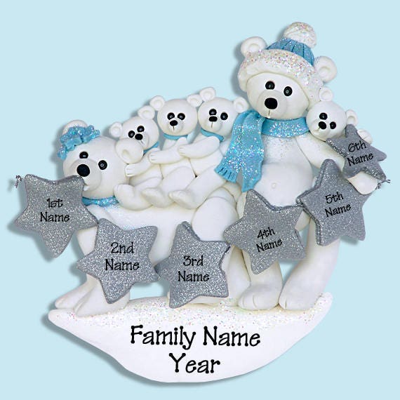 Polar Bear Family of 6 - HANDMADE Polymer Clay Ornament - Personalized Christmas Family Ornament