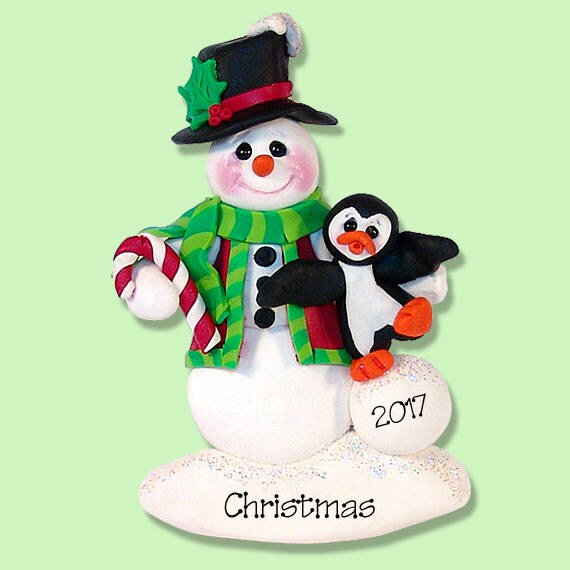 Snowman with Penguin HANDMADE POLYMER CLAY Ornament - Personalized Christmas Ornament - Limited Edition