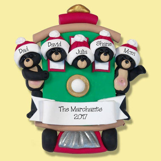 Black Bear Family of 5 on STREETCAR, HANDMADE Polymer Clay, Family Ornaments, Personalized Christmas Ornaments, Custom Ornaments,Black Bears