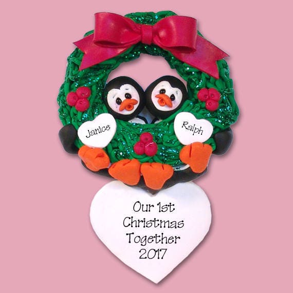 Petey Penguin Couple 1st Christmas Polymer Clay HANDMADE Personalized Christmas Ornament - Limited Edition