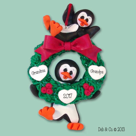 Petey Penguin Couple or Family of 3 Polymer Clay HANDMADE Personalized Christmas Ornament - Limited Edition