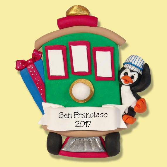 Petey Penguin on STREETCAR - HANDMADE Polymer Clay Ornament - Personalized Vacation Ornament - Custom Ornament/Personalized Penguin Ornament