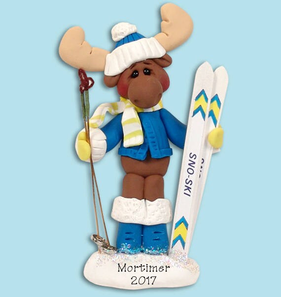 Mortimer Moose Skier Personalized Christmas Ornament, HANDMADE Polymer Clay Custom Ornament in Custom Gift Box