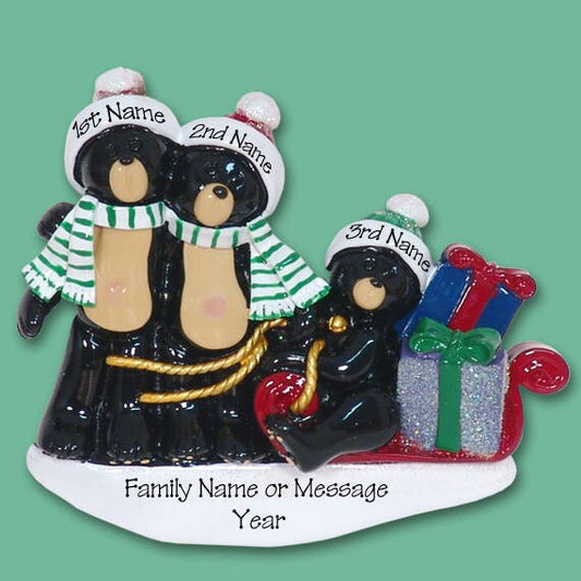 Black Bear Family of 3 in Sled HAND PAINTED RESIN Personalized Christmas Ornament