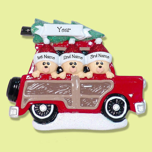 Belly Bear Family of 3 in Woody Wagon RESIN Personalized Christmas Ornament Hand Painted