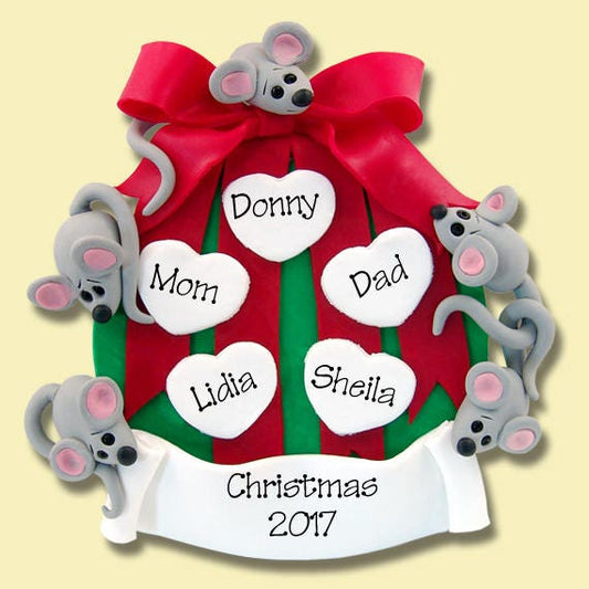 MICE on Ornament Family of 5 HANDMADE Polymer Clay Personalized Christmas Family Ornament