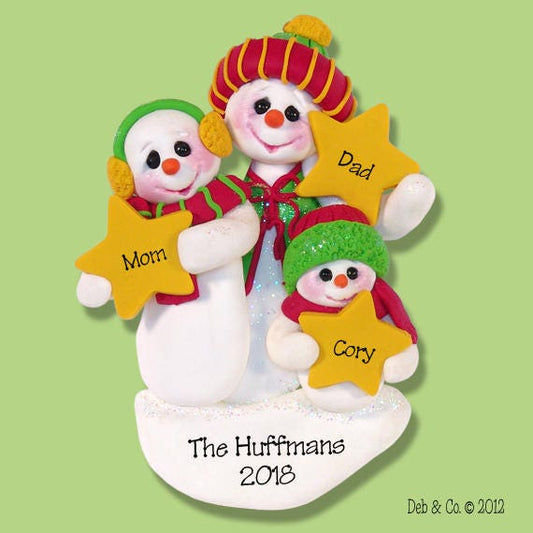 Snowman Family of 3 with Stars Handmade Polymer Clay Personalized Christmas Ornament - Limited Edition