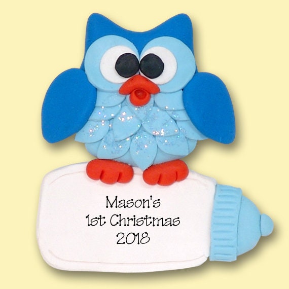 Babys 1st Christmas Ornament, Blue Owl with Baby Bottle, Boy Baby Ornament, HANDMADE POLYMER CLAY Personalized Christmas Ornament