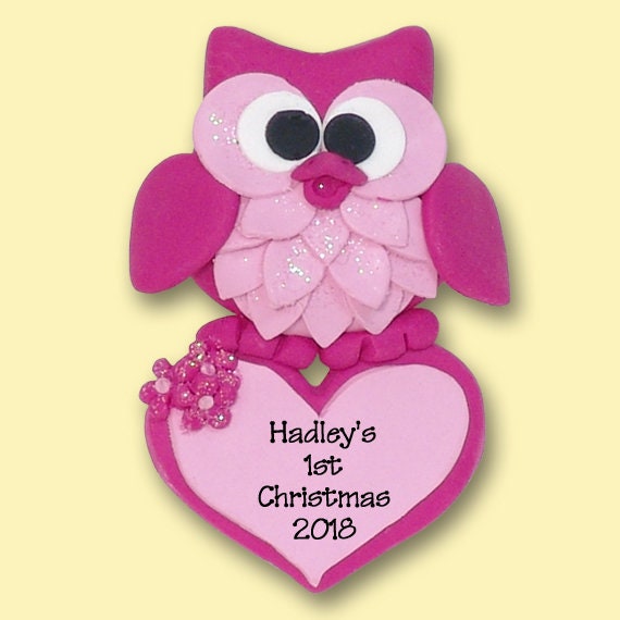 Gift for Girl, Personalized Owl Ornament, Pink Owl with Heart, HANDMADE POLYMER CLAY,  Personalized Christmas Ornaments, Custom Ornaments