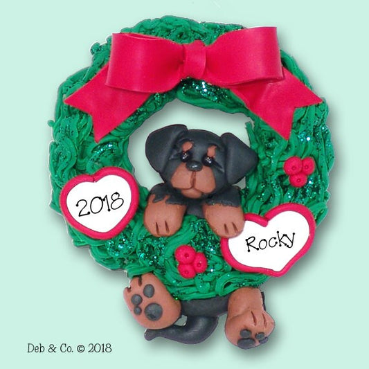 Rottweiler PUPPY Hanging in Wreath HANDMADE Polymer Clay Personalized Christmas Ornament