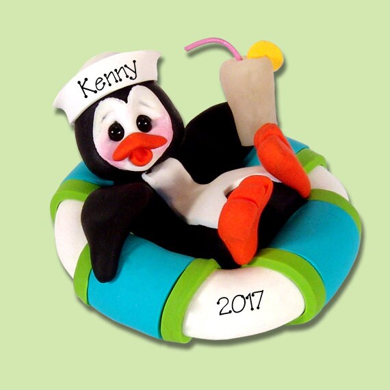 Petey Penguin in Float HANDMADE POLYMER Clay Ornament - Limited Edition - Personalized Christmas Ornament