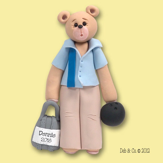 Personalized Christmas Ornaments, Belly Bear Bowler, HANDMADE POLYMER Clay, Personalized Christmas Ornament, Bowler Ornament, Bowling