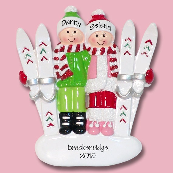 Skiing Couple Personalized Christmas Ornament,  Personalized Couple Ornaments, Ski Vacation Ornament