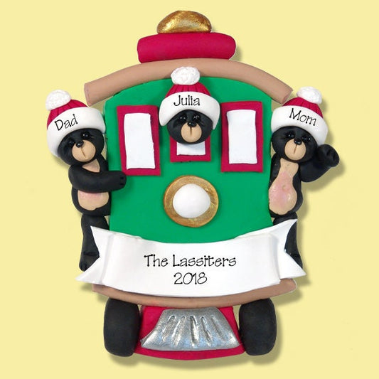 Personalized Family Ornament, Black Bear Family of 3 on STREETCAR, HANDMADE Polymer Clay Ornament, Personalized Christmas Ornament,Streetcar