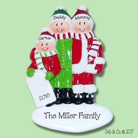 Personalized Family Ornament of 3 Fun in the Snow Personalized Christmas Ornament - Hand Painted RESIN